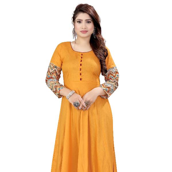 Women’s Mustard Yellow Rayon Anarkali Kurti with Printed Borders & Sleeves