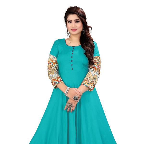Women’s Sky Blue Rayon Anarkali Kurti with Printed Borders & Sleeves