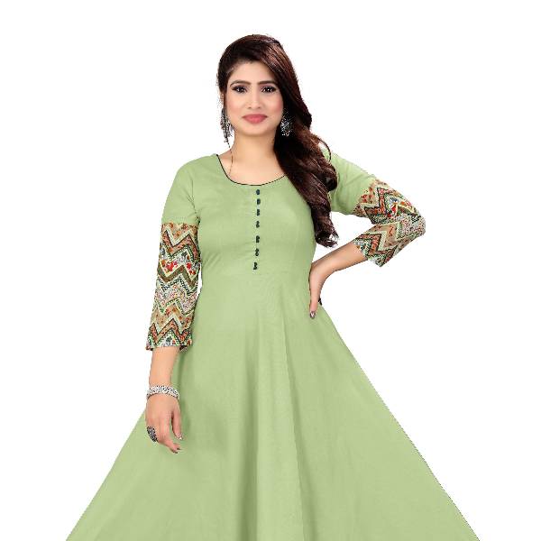 Women’s Pastel Green Rayon Anarkali Kurti with Printed Borders & Sleeves