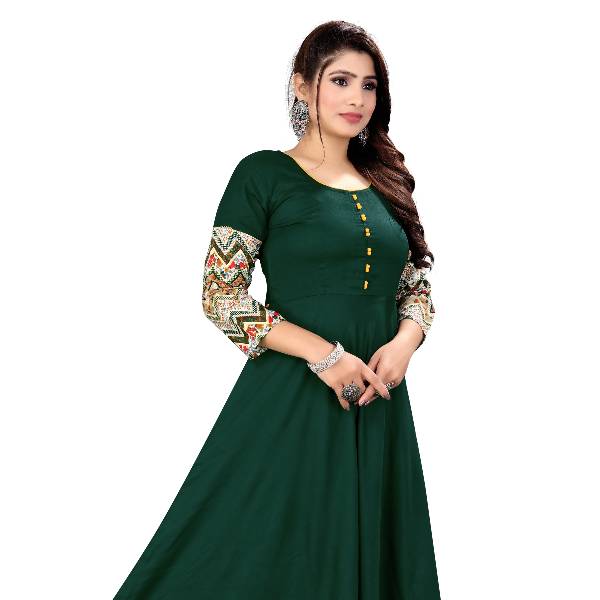 Women’s Bottle Green Rayon Anarkali Kurti with Printed Borders & Sleeves
