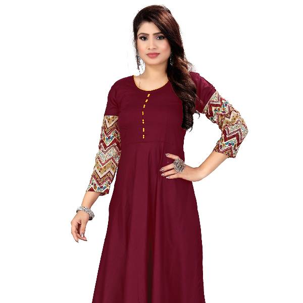 Women’s Wine Rayon Anarkali Kurti with Printed Borders & Sleeves