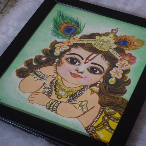 Little Krishna handmade Acrylic Painting With Glass Framed