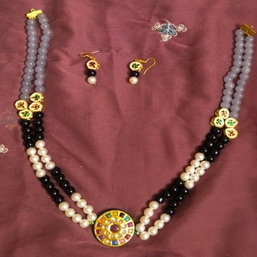 Minakari Pendant  With Black  And White Pearls