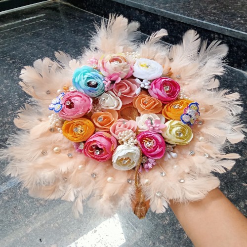 Pich Flower Dress With Feather