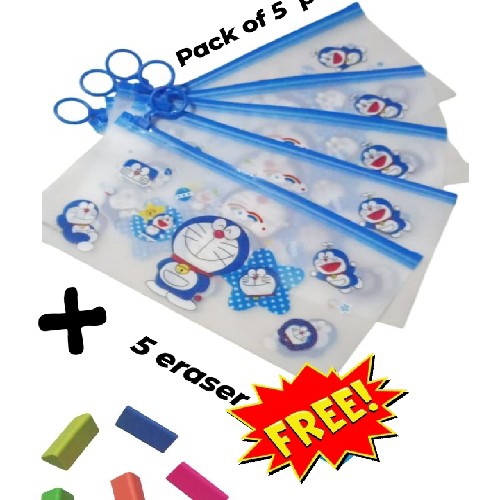 Pack Of 5 Doraemon Pouches And Free ? 5 Erasers....