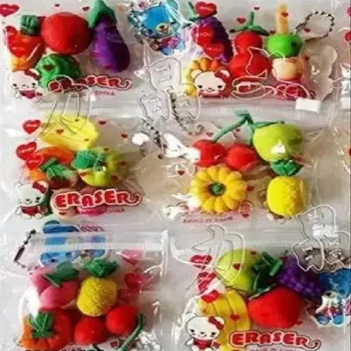 Fruit Eraser/ Birthday Return Gifts for Kids(Pack of6Pouch)Non-Toxic Eraser(Assorted Color & Design)