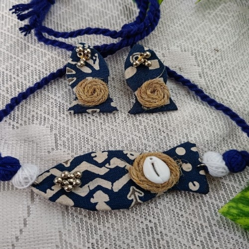 Indigo Print Fish Handmade Choker With Earrings Set