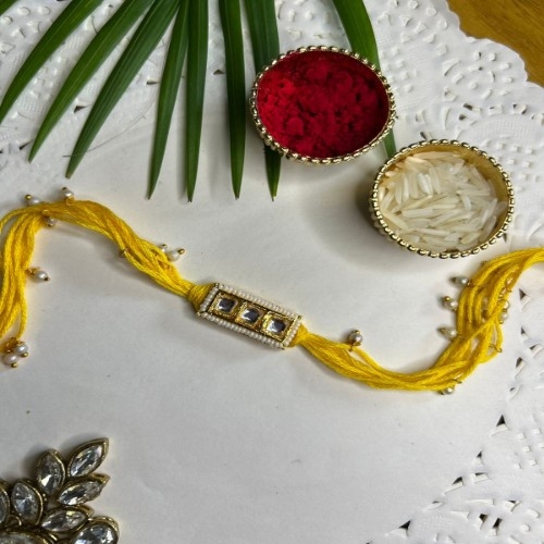 Yellow And White Pearl Bhai Rakhi