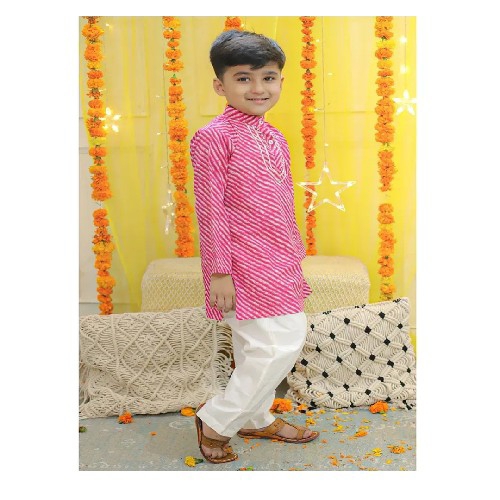 Kids Boys Pink Lahriya Kurta And Payjama Set