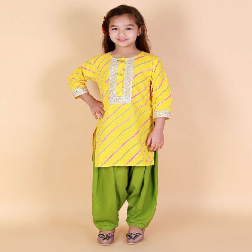 Ethnic Girl Wear Yellow Lahriya Kurta And Green Patiala Salwar Suit Set