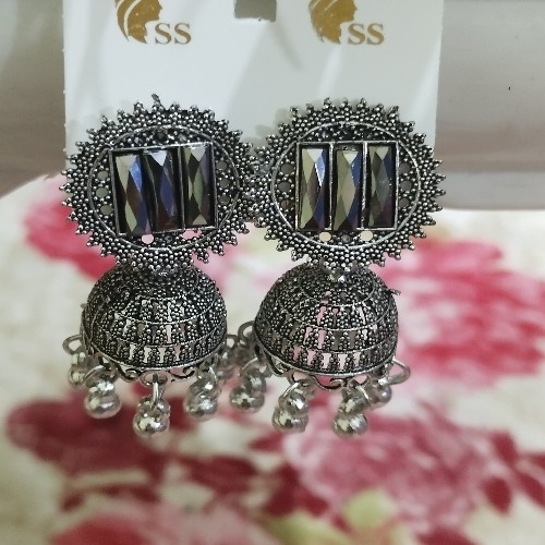 Oxidized Silver Jhumka Earrings with Black Stone Studs"