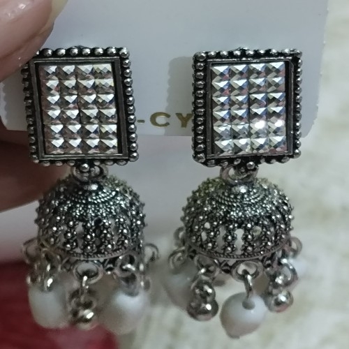 Antique Silver Jhumka Earrings with White Beads