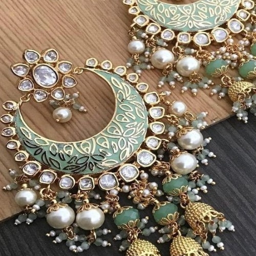 Regal Mint Green Kundan Chandbali Earrings