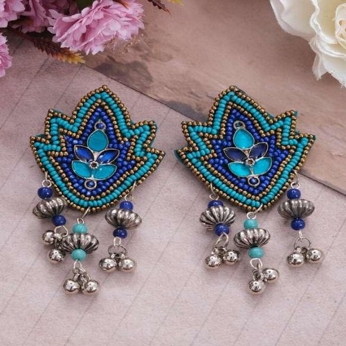 Blue Oxidized Glass Bead Earring - Formal, Elegant Blue Beaded Earrings
